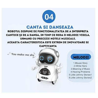 Robot de buzunar inteligent educational RC01 pentru copii si adulti in limba engleza control vocal moduri muzica dans si Imitare voce