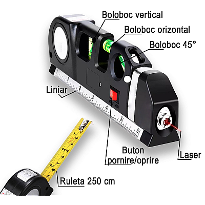 Nivela cu Laser Level Pro3 Multifunctionala cu Boloboc si Ruleta