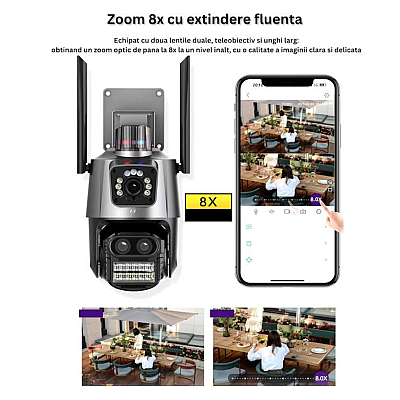 Camera de supraveghere dubla WIFI 8MP exterior/interior Ultra HD 5X zoom rotire alarma senzor miscare AX