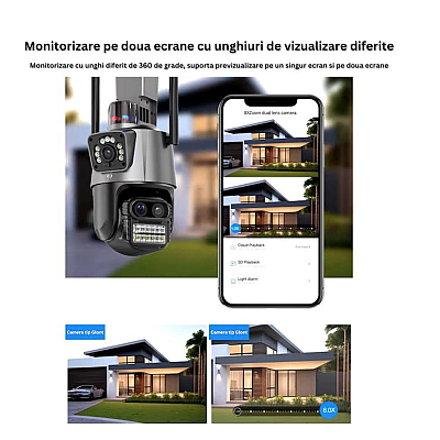 Camera de supraveghere dubla WIFI 8MP exterior/interior Ultra HD 5X zoom rotire alarma senzor miscare AX