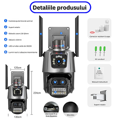 Camera de supraveghere dubla WIFI 8MP exterior/interior Ultra HD 5X zoom rotire alarma senzor miscare AX