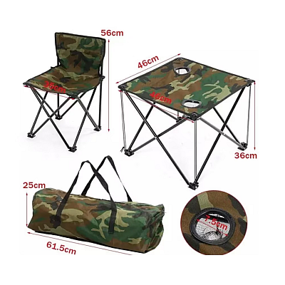 Set Masa cu 2 Scaune Pentru Camping Pliabile Model Army Geanta Inclusa