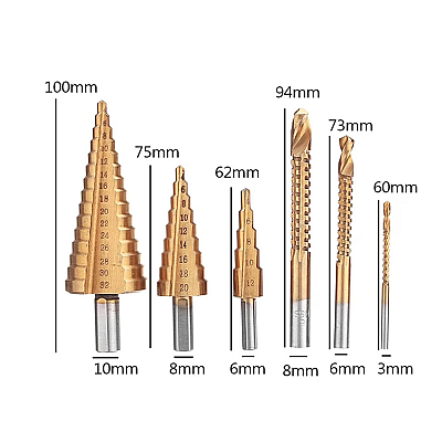 Set 6 de burghie cu pas HSS titan 3 marimi de burghie in trepte si 3 marimi de burghie cu rasucire