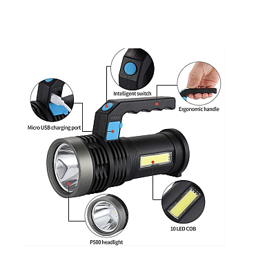 Lanterna de mana cu LED Q LED556 cu 1000 lumeni acumulator integrat lumina laterala COB negru