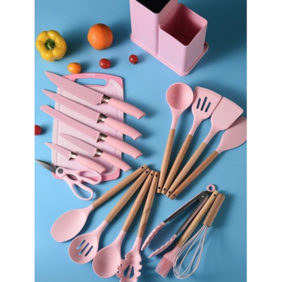 Set de 19 piese ROZ ustensile de bucatarie cu tocator si suport depozitare inclus ROZ Set de 19 piese ROZ ustensile de bucatarie cu tocator si suport depozitare inclus ROZ