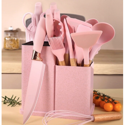 Set de 19 piese ROZ ustensile de bucatarie cu tocator si suport depozitare inclus ROZ Set de 19 piese ROZ ustensile de bucatarie cu tocator si suport depozitare inclus ROZ