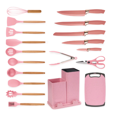 Set de 19 piese ROZ ustensile de bucatarie cu tocator si suport depozitare inclus ROZ Set de 19 piese ROZ ustensile de bucatarie cu tocator si suport depozitare inclus ROZ