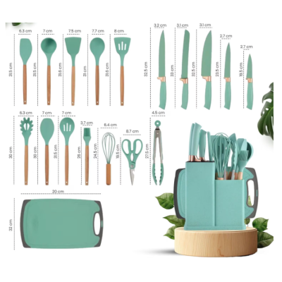 Set de 19 piese VERDE TURCOAZ ustensile de bucatarie cu tocator si suport depozitare inclus VERDE-TURCOAZ Set de 19 piese VERDE TURCOAZ ustensile de bucatarie cu tocator si suport depozitare inclus VERDE-TURCOAZ