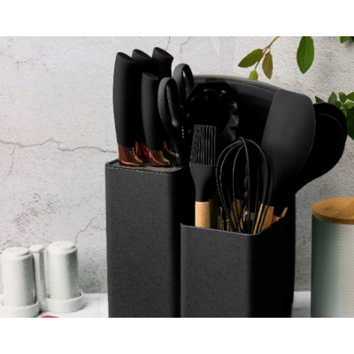 Set de 19 piese NEGRE ustensile de bucatarie cu tocator si suport depozitare inclus NEGRE Set de 19 piese NEGRE ustensile de bucatarie cu tocator si suport depozitare inclus NEGRE