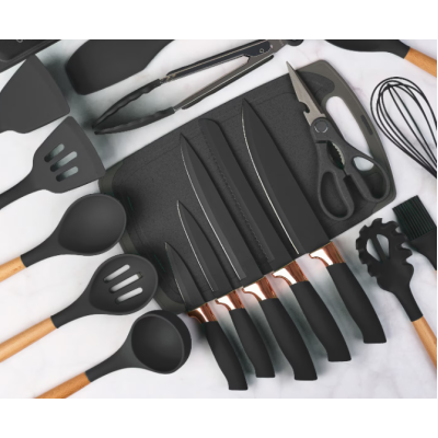 Set de 19 piese NEGRE ustensile de bucatarie cu tocator si suport depozitare inclus NEGRE Set de 19 piese NEGRE ustensile de bucatarie cu tocator si suport depozitare inclus NEGRE