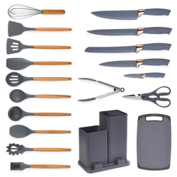 Set de 19 piese GRI ustensile de bucatarie cu tocator si suport depozitare inclus Set de 19 piese GRI ustensile de bucatarie cu tocator si suport depozitare inclus