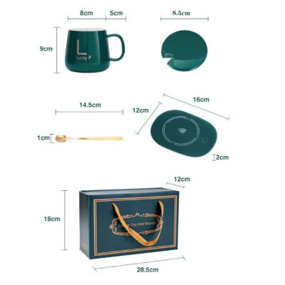 Set cadou cana ceramica baza incalzitor cu inductie incarcare USB suport cu incalzire smart VERDE Set cadou cana ceramica baza incalzitor cu inductie incarcare USB suport cu incalzire smart VERDE