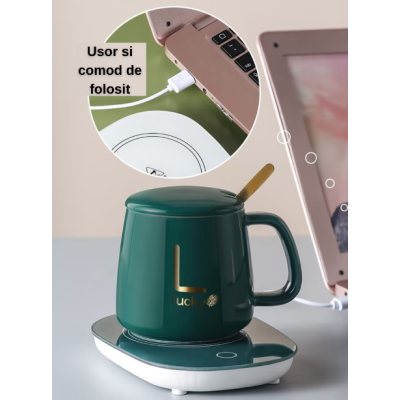 Set cadou cana ceramica baza incalzitor cu inductie incarcare USB suport cu incalzire smart VERDE Set cadou cana ceramica baza incalzitor cu inductie incarcare USB suport cu incalzire smart VERDE