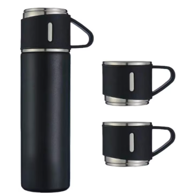 Set termos din inox cu 3 cesti 500ml sticla termoizolanta pentru bauturi fierbinti si reci NEGRU Set termos din inox cu 3 cesti 500ml sticla termoizolanta pentru bauturi fierbinti si reci NEGRU