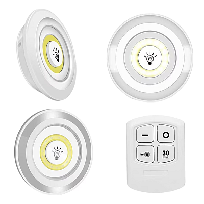 Set 3 lampi led wireless cu telecomanda 9 x 2 cm Albe