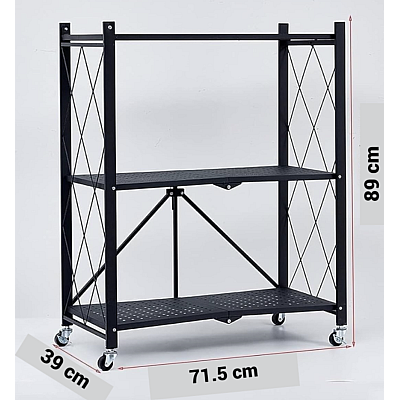 Raft depozitare metalic pliabil pe roti 3 polite 71,5 x 39 x 89 cm