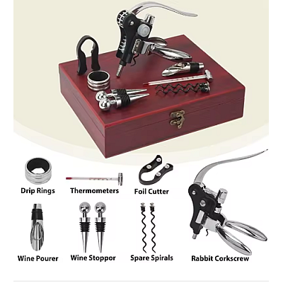 Set premium accesorii profesionale pentru vin in cutie de lemn 9 elemente kitul somelierului Set premium accesorii profesionale pentru vin in cutie de lemn 9 elemente kitul somelierului
