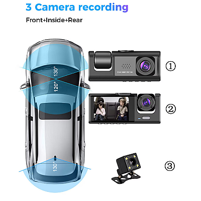 Camera Auto Dvr de Bord Full Hd 1080p Camp Vizual Ultra Larg de 170 grade Ecran Lcd 3 Lentile Camera Auto Dvr de Bord Full Hd 1080p Camp Vizual Ultra Larg de 170 grade Ecran Lcd 3 Lentile