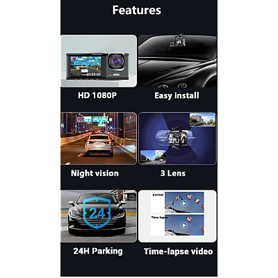 Camera Auto Dvr de Bord Full Hd 1080p Camp Vizual Ultra Larg de 170 grade Ecran Lcd 3 Lentile Camera Auto Dvr de Bord Full Hd 1080p Camp Vizual Ultra Larg de 170 grade Ecran Lcd 3 Lentile