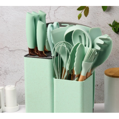 Set ustensile VERDE MENTA bucatarie 19 piese silicon alimentar cutite tocator termorezistente antiaderente suport blat VERDE MENTA Set ustensile VERDE MENTA bucatarie 19 piese silicon alimentar cutite tocator termorezistente antiaderente suport blat VERDE MENTA