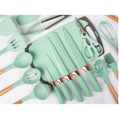 Set ustensile VERDE MENTA bucatarie 19 piese silicon alimentar cutite tocator termorezistente antiaderente suport blat VERDE MENTA Set ustensile VERDE MENTA bucatarie 19 piese silicon alimentar cutite tocator termorezistente antiaderente suport blat VERDE MENTA