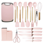 Set ustensile ROZ bucatarie 19 piese silicon alimentar cutite tocator termorezistente antiaderente suport blat ROZ Set ustensile ROZ bucatarie 19 piese silicon alimentar cutite tocator termorezistente antiaderente suport blat ROZ