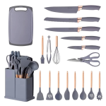 Set ustensile GRI bucatarie 19 piese silicon alimentar cutite tocator termorezistente antiaderente suport blat GRI Set ustensile GRI bucatarie 19 piese silicon alimentar cutite tocator termorezistente antiaderente suport blat GRI