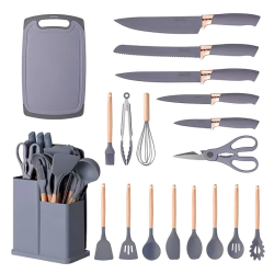 Set ustensile GRI bucatarie 19 piese silicon alimentar cutite tocator termorezistente antiaderente suport blat GRI Set ustensile GRI bucatarie 19 piese silicon alimentar cutite tocator termorezistente antiaderente suport blat GRI