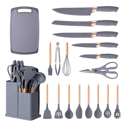 Set ustensile GRI bucatarie 19 piese silicon alimentar cutite tocator termorezistente antiaderente suport blat GRI Set ustensile GRI bucatarie 19 piese silicon alimentar cutite tocator termorezistente antiaderente suport blat GRI