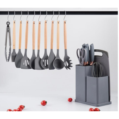 Set ustensile GRI bucatarie 19 piese silicon alimentar cutite tocator termorezistente antiaderente suport blat GRI Set ustensile GRI bucatarie 19 piese silicon alimentar cutite tocator termorezistente antiaderente suport blat GRI