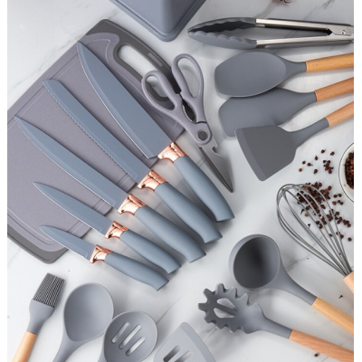 Set ustensile GRI bucatarie 19 piese silicon alimentar cutite tocator termorezistente antiaderente suport blat GRI Set ustensile GRI bucatarie 19 piese silicon alimentar cutite tocator termorezistente antiaderente suport blat GRI