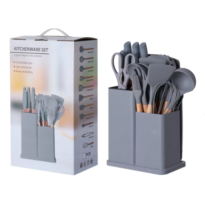 Set ustensile GRI bucatarie 19 piese silicon alimentar cutite tocator termorezistente antiaderente suport blat GRI Set ustensile GRI bucatarie 19 piese silicon alimentar cutite tocator termorezistente antiaderente suport blat GRI