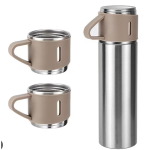 UB Set termos din inox cu 3 cesti 500ml sticla termoizolanta pentru bauturi fierbinti si reci bej