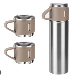 UB Set termos din inox cu 3 cesti 500ml sticla termoizolanta pentru bauturi fierbinti si reci bej