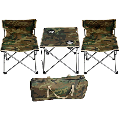 Set 1 Masa cu 2 Scaune Pentru Camping Pliabile Model Army Geanta Inclusa