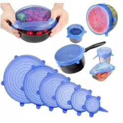 Set 6 capace pentru alimente flexibile din silicon transparent albastru Set 6 capace pentru alimente flexibile din silicon transparent albastru