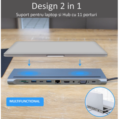 Adaptor Hub Multiport 11 in 1 USB C Docking Station pentru Laptop Q HU990