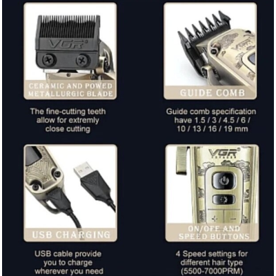 Aparat de Tuns Fara Fir V005 Carcasa Metalica 8 Distantiere Lama din Otel Inoxidabil
