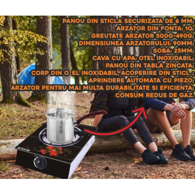 Aragaz din sticla securizata 1 ochi din fonta aprindere pe quartz negru