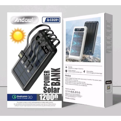 Baterie Externa Solara 12000 mAh Q CD281 Cabluri USB Type C MicroUSB si Lightning Incorporate