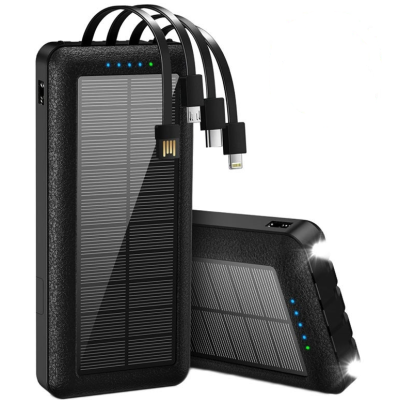 Baterie externa solara cu Cablu Lightning USB-C USB-A și MicroUSB - 10000mAh