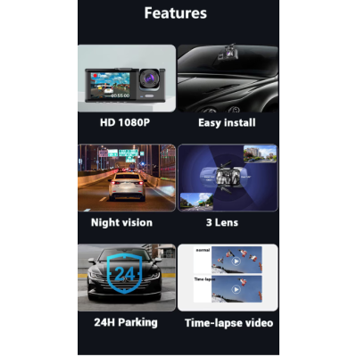 Camera Auto Dvr de Bord Full Hd 1080p Camp Vizual Ultra Larg de 170 grade Ecran Lcd 3 Lentile