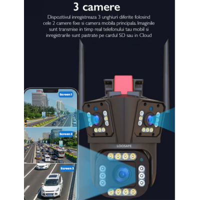 Camera de Supraveghere Tripla WIFI 24MP Exterior/Interior Ultra HD 10X zoom Rotire Comunicare Bidirectionala