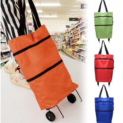 Carucior pliabil tip sacosa pentru cumparaturi cu roti si maner