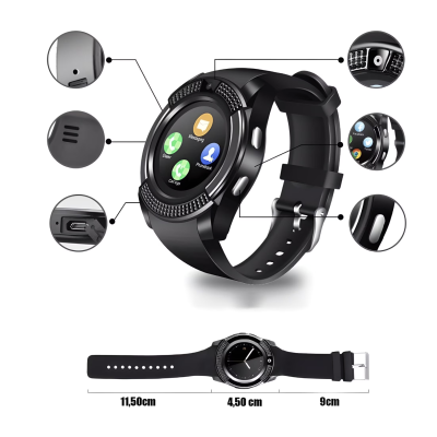 Ceas Smartwatch V8 cu functie apelare SMS camera Bluetooth Android Negru