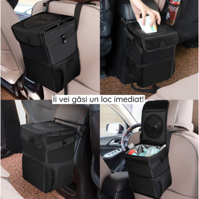 Cos de gunoi auto pliabil cu buzunare de depozitare Negru
