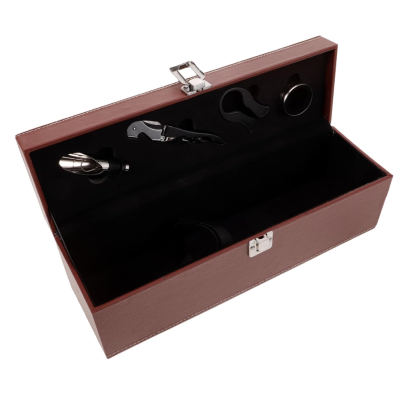 Cutie pentru Vin cu 4 Accesorii Tirbuson taietor capison inel dop metalic PIELE MARO