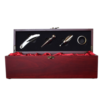 Cutie pentru Vin din Lemn cu 4 Accesorii Tirbuson Dop elegant Dop servire Inel antipicurare 36 x 11cm