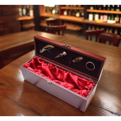Cutie pentru Vin din Lemn cu 4 Accesorii Tirbuson Dop elegant Dop servire Inel antipicurare 36 x 11cm