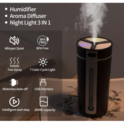 Difuzor de uleiuri esentiale pentru masina cu USB si RGB 300 ml